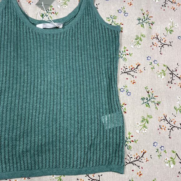 One Grey Day Knitted Scoop Tank Top Green XS Pointelle Stitch Sheer Ribbed Boho - Picture 3 of 5